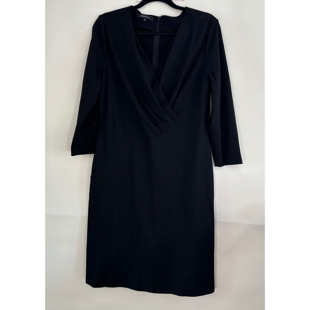 Lafayette 148 New York Black V-Neck Pleated Wrap Sheath Dress Size 12